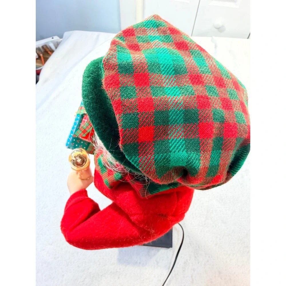 Vintage Noel Animated Christmas Boy Figure Lighted Candle Presents Plaid Outfit